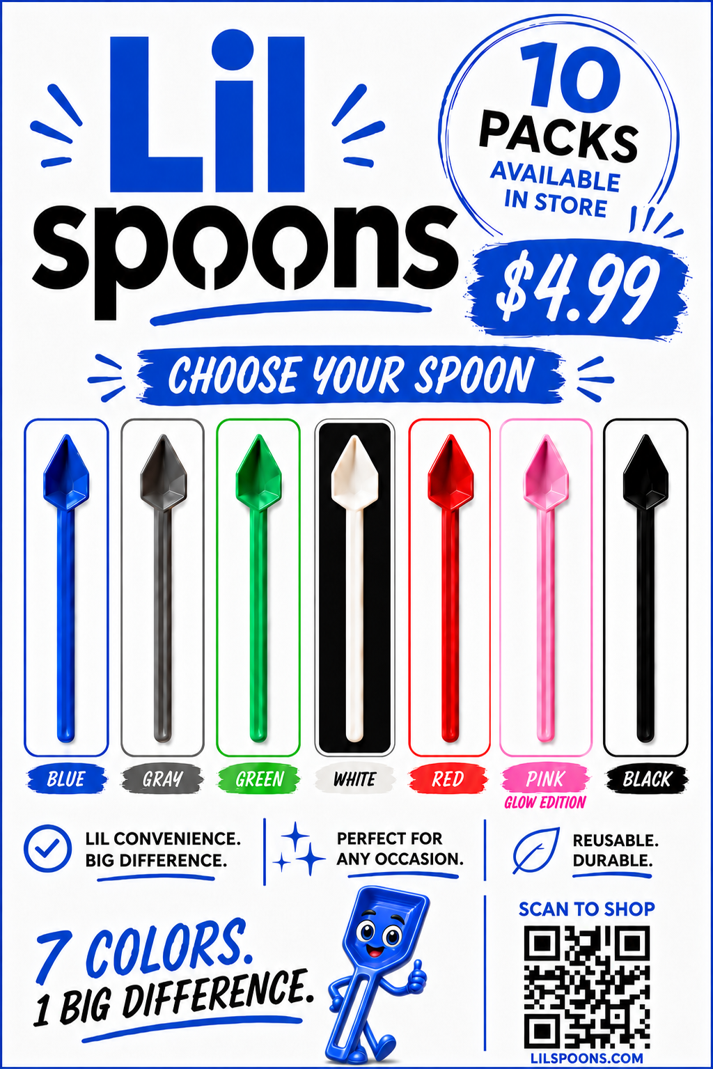 Lil Spoons letter-size flyer showing seven launch colors and 10 packs available in store